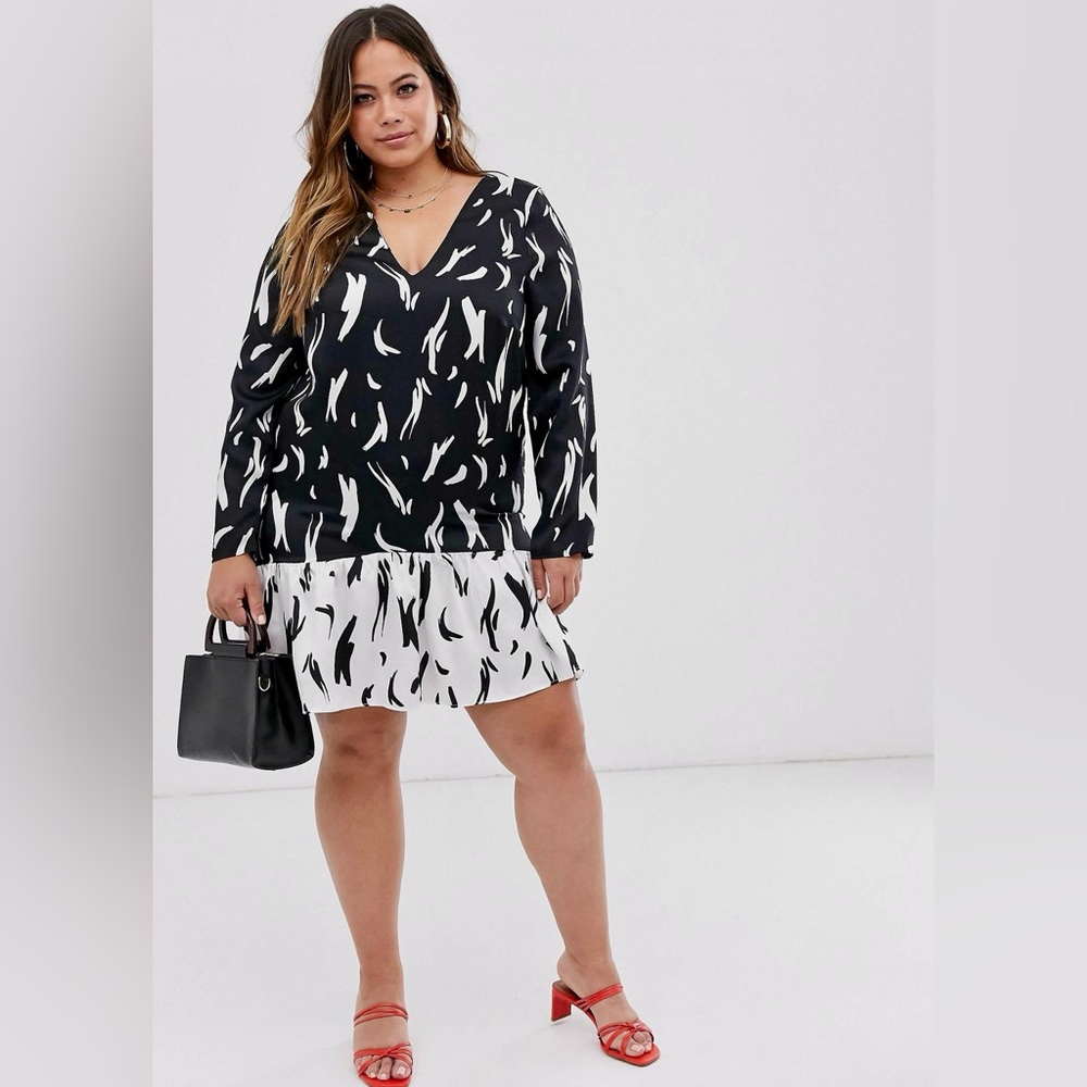 Brand New River Island Plus Swing Dress with Collar in Mono Print